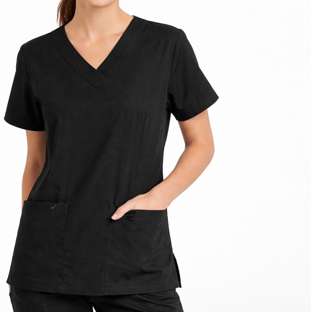 4Flex Black V-Neck Scrub Top Women’s Medium Stretch Medical Nursing Pockets